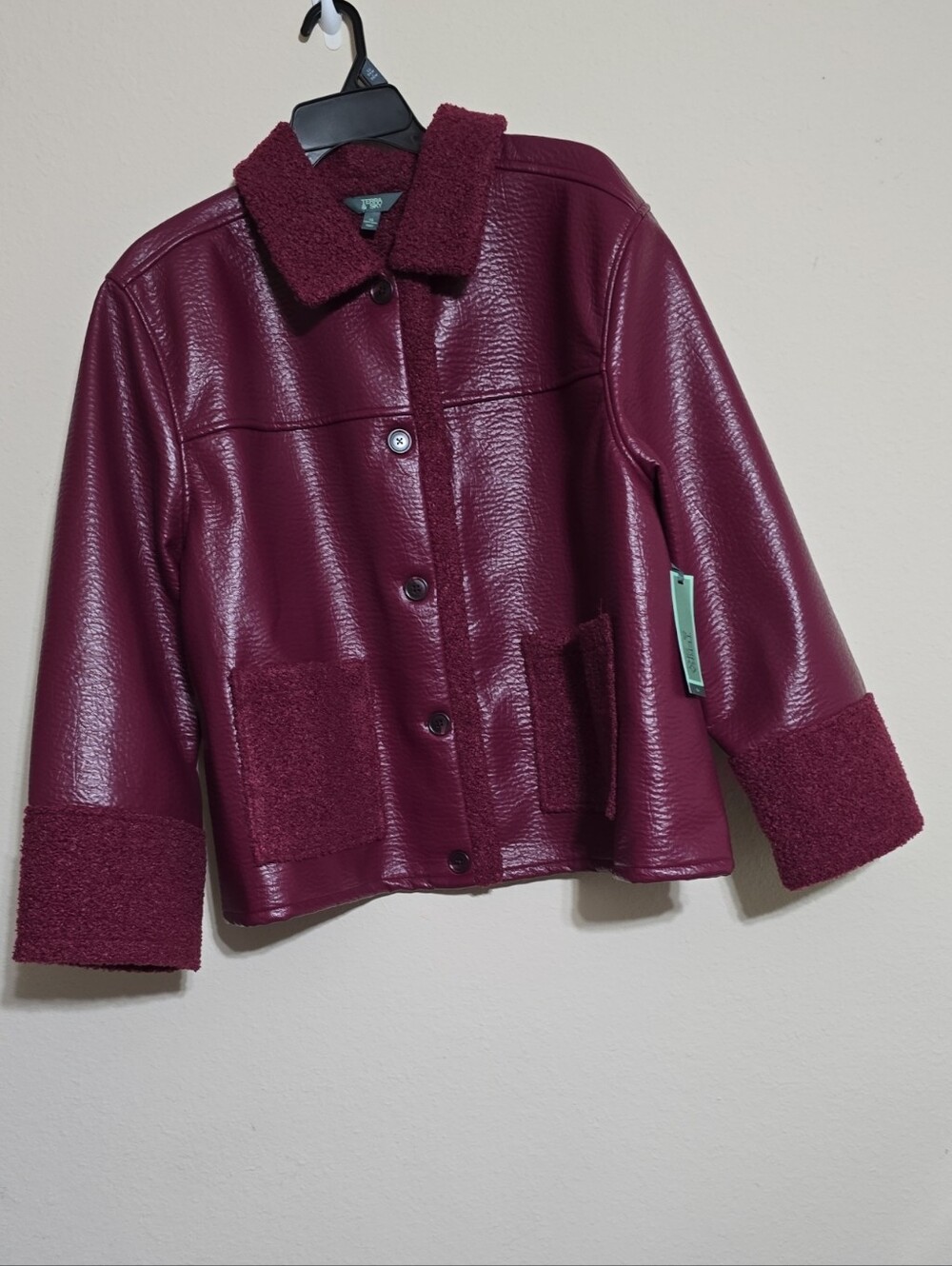 NWT Womens Terra & Sky Faux Leather Coat w/ Shearling Trim and Lining Size 3XL
